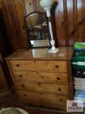 Wood 4 drawer chest of drawers, lamp, and free standing mirror