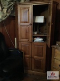 Modern wood corner cabinet with doors and contents