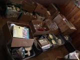 Lot of 11 boxes: glass, decorations, metal ware, dishes, etc.