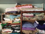 Large lot of fabric and 2 wood shelves