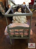 Vintage wood doll bed and composition/cloth baby doll