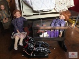 Modern wood rocker with 2 modern dolls and wood horses