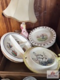 Lot vintage child's china plates and lamp