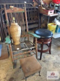 Garage lot wood rocking chair, wicker lamp, stool, and wood stool