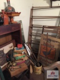 Lot of primitive items: drying racks(dmg), wood box, picture, vtg books, etc.