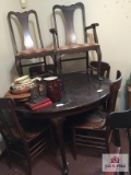 Antique round wood table and 2 pair chairs