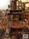 Furniture lot: wood table, chair, bookcase, Hoover sweeper, etc.