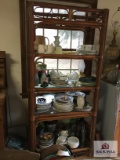 Rattan display shelf and contents: collectible plates, d?cor, glassware, etc.