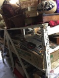 Contents of wood shelve: craft items, sweater knitting machines, baskets, etc.