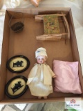 Antique Simon Halbig K*R baby doll with antique cradle Scotty Dog silhouettes