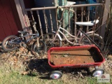 2 vintage bicycles and Radio Flyer wagon as found