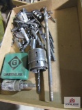 Flat of misc. tools drill bits, hole saws