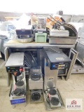 Refrigerator w/ prep top, 3 commercial coffee pots, assorted pots & pans