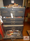 3-Stack tool box on wheels and contents to include hammers, wrenches, cutters, etc.