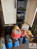 1 Lot of gas cans, filing cabinets & white cabinet and contents