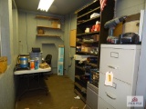 Contents of shop office to include filing cabinet, metal shelf, Lifetime table, chair, etc.