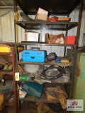 Shelf and contents to include oil pads, caulking guns, hoses, cut off blades, etc.