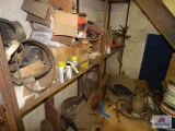 Contents of shelf to include casters, grinder, grinder guards, roll of wire, etc.
