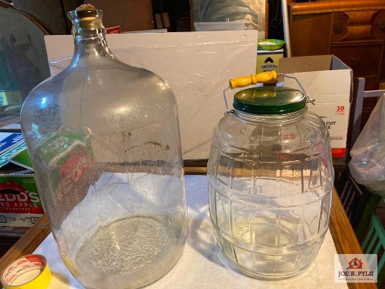 Vintage store pickle jar and glass jug