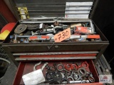 Tool box, tools, filing cabinet (all contents on table)