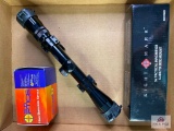 {140} Bushnell Banner rifle scope, Sight Mark 5x Tactical Magnifier, and a Sun Optics laser sight