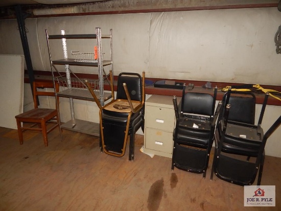 1 Lot of 8 chairs, 2-drawer filing cabinet & shelf