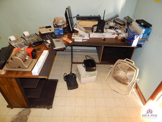 L-Shaped desk, radios, fans, etc.