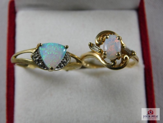 2 Ladies Yellow Gold Rings w/ Opal & Diamonds