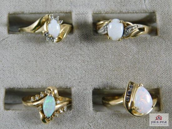 4 Ladies Yellow Gold Rings w/ Opal & Diamonds