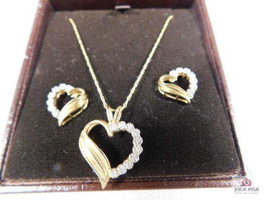 Ladies 10k Yellow Gold Necklace & Earring Heart Set w/ Diamonds