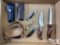 Flat of Knives: Buck, Case, SOG multi-tool, leather belt, etc.