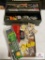 Gun Cleaning supplies: brushes, wads, rods, cleaning kits, green tool box and contents