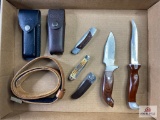 Flat of Knives: Buck, Case, SOG multi-tool, leather belt, etc.