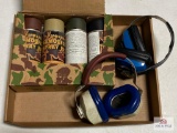 Flat of sportsmans items: camo paint set, (2) sets of ear muffs