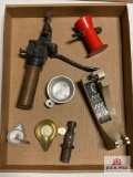 Flat of reloading items: trickler, powder dispenser, pans, scale