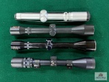 Four rifle scopes: Tasco, Burris, Bushnell, Valor