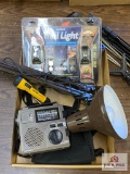 Misc. lot: emergency radio, Trail Lights, lamp, cleaning rods, shooting stick, BOG tripod system
