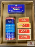 Lot of primers and Blue Dot smokeless powder container (contents unknown)