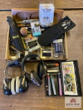 Lot of sportsman items including ear muffs, knife set, rat tail file, etc.