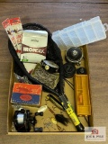 Misc. anglers' lot: reels, lures, net, etc.