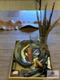 Misc. outdoors lot: powder horn, bull horn, calls, sheath, camo makeup, feathers