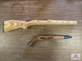 Two wooden stocks: unfinished rifle stock, cracked B-A handgun stock