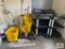 2 plastic serving carts & 2 mop buckets