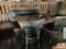 Two 3' wood tables, 4' wood table, 2 bench sections & 4 metal chairs
