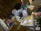 Room lot: building supplies, 4 wood tables, cash register, decorations, vacuum cleaners, etc