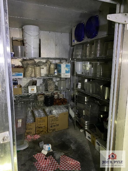 Contents of storage room: metal racks, stainless steel serving pieces, etc