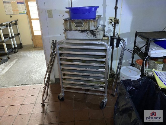 Rolling metal serving cart, metal rack, lot of dishes, etc