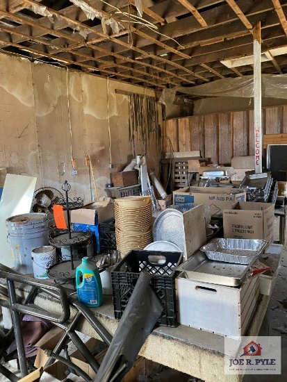 Contents of shed: Barware, glassware, Banquet SS servers, racks, wood table, etc