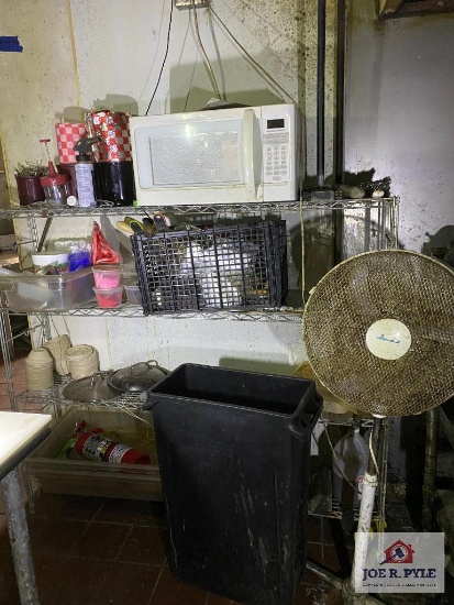 Lot metal rack with contents: microwave, etc