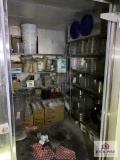 Contents of storage room: metal racks, stainless steel serving pieces, etc